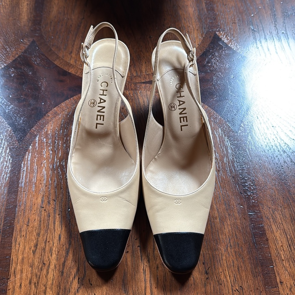 Chanel CC Slingback Wedges Tan w/ Black Cap Toe Sz-38